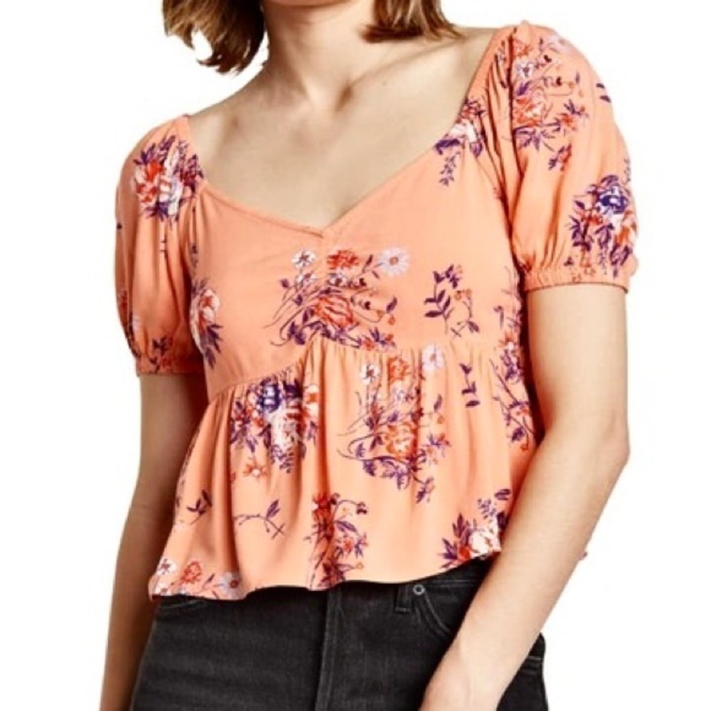 NWT! Abound Peach Floral Babydoll Puff Sleeve Crop Top 🎞️